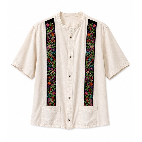 The Unbranded Brand Tops - Mens Cream Embroidered Floral Mexican Guayabera Shirt Snap Button Size L /G